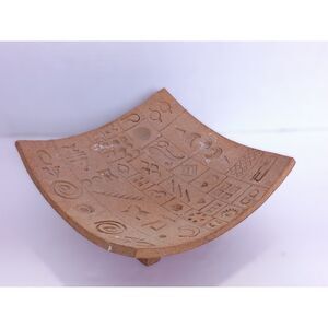 Vintage Cuneiform Hieroglyphs Style Clay Pottery Legged Dish Signed CLUM 2002